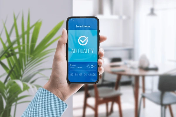 Person Using Smartphone App for Indoor Air Testing
