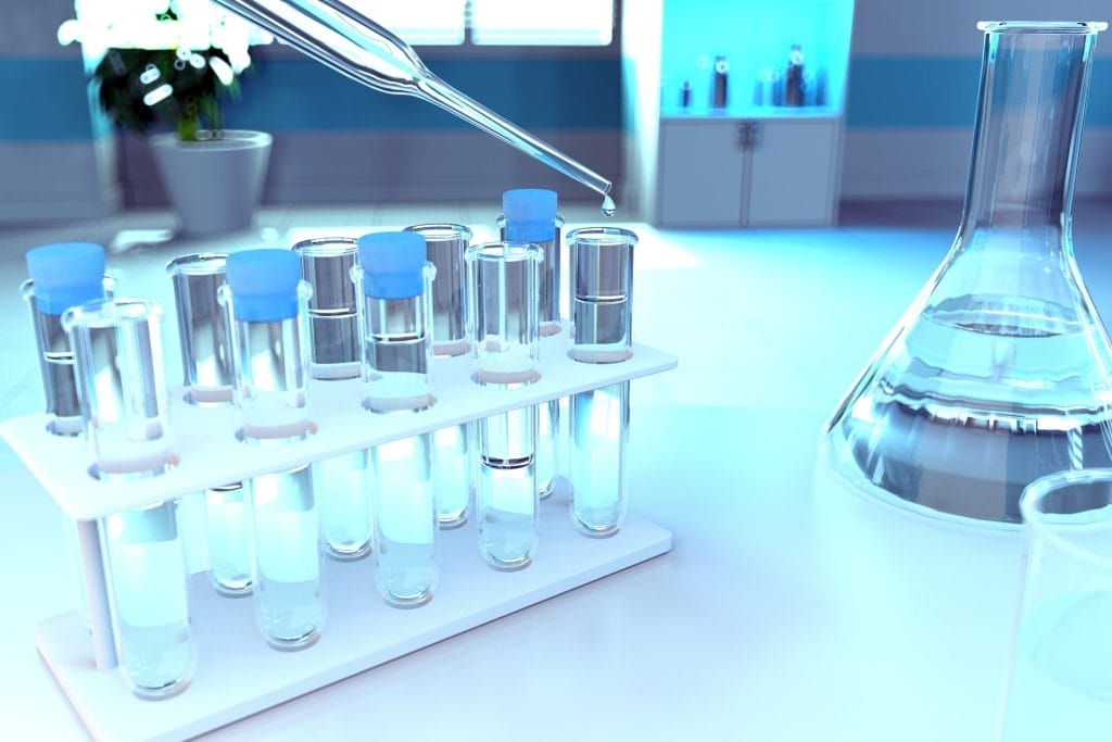Radionuclide water testing laboratory setup with test tubes