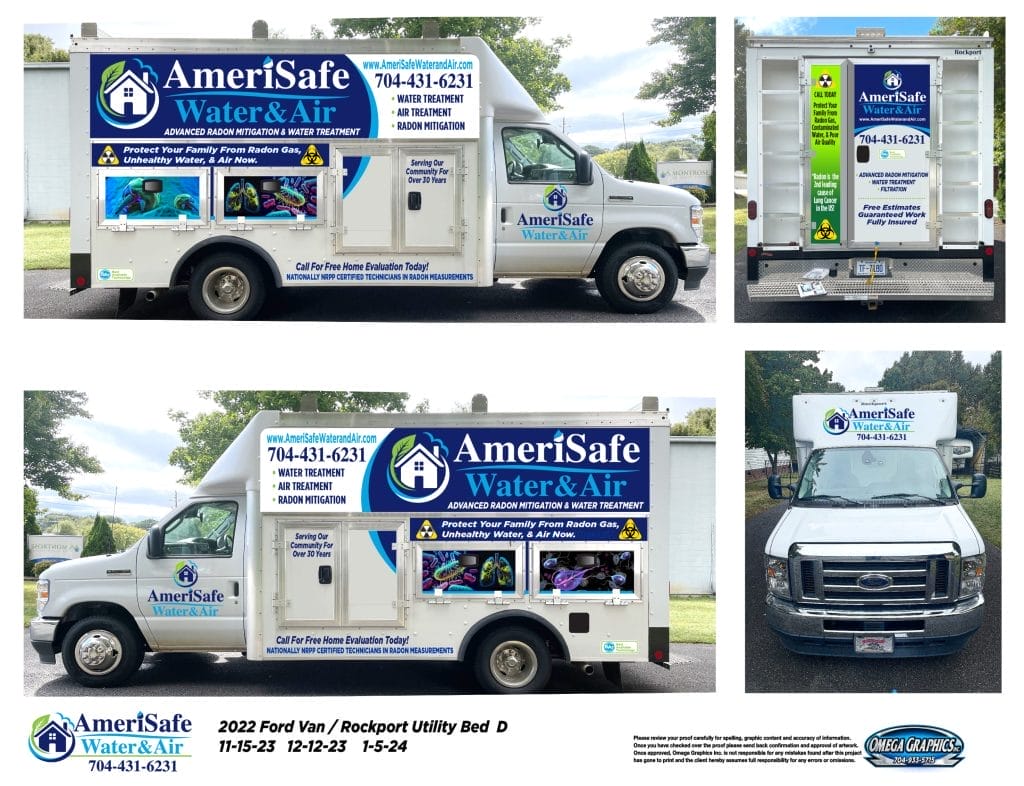 AmeriSafe Water & Air branded van and utility truck with logos and contact information