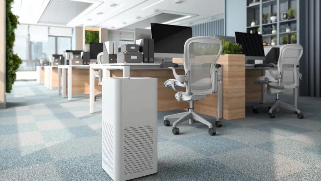 Air purifier in modern office for chemical pollutants air testing